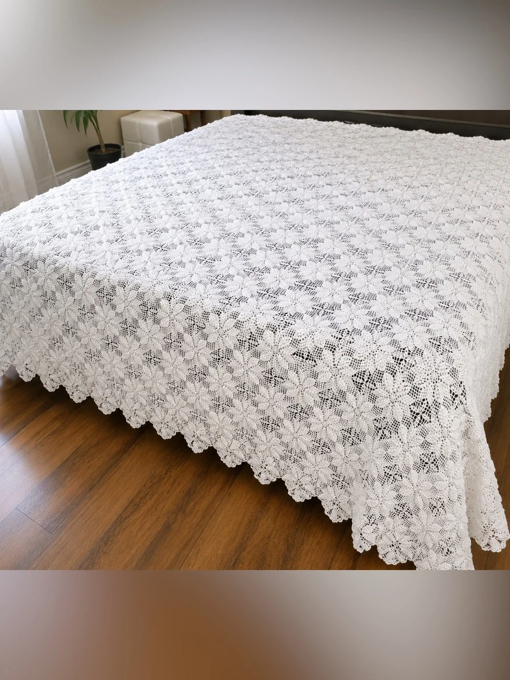 White Popcorn Crochet Bedspread Queen King 110x105 Cottagecore Farmhouse